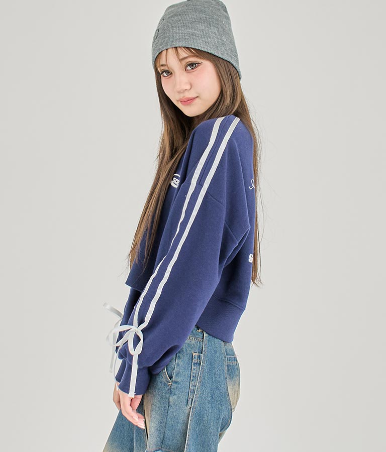【ティーンズライン】袖 ライン リボン オーバー スウェット トップス (M、Lサイズ展開) 913-7593
