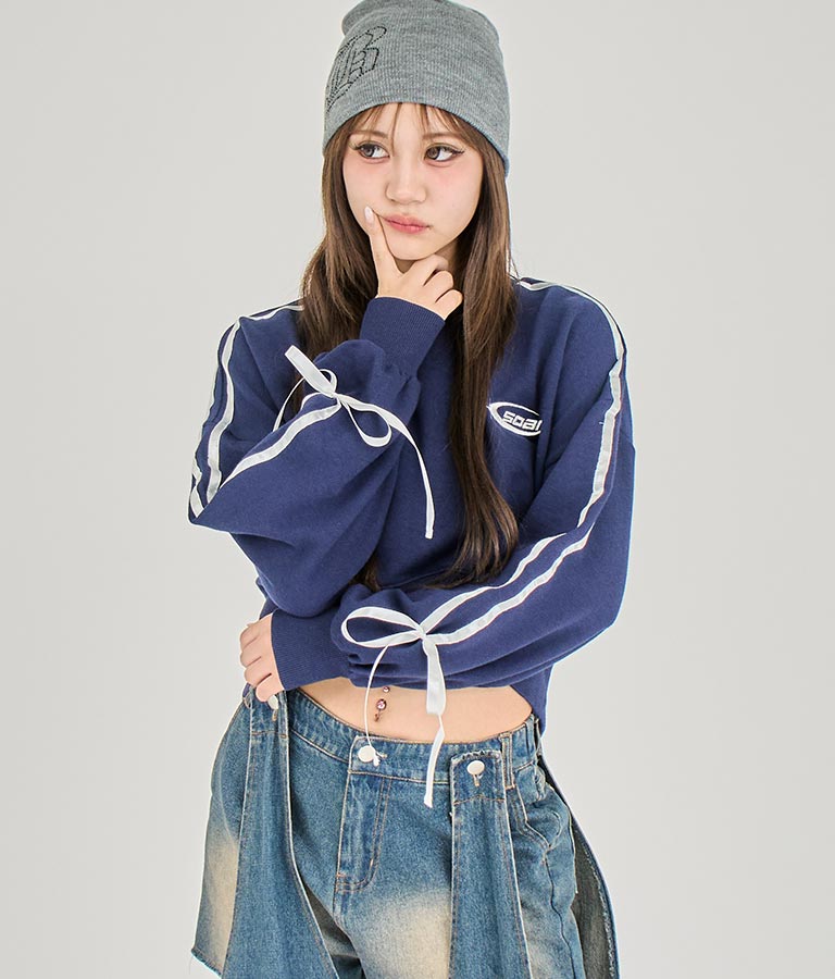 【ティーンズライン】袖 ライン リボン オーバー スウェット トップス (M、Lサイズ展開) 913-7593
