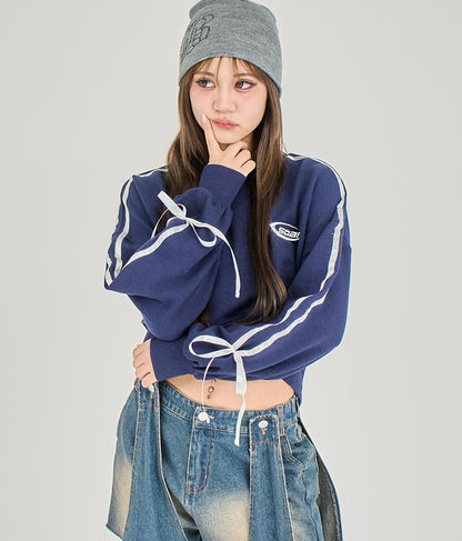 【ティーンズライン】袖 ライン リボン オーバー スウェット トップス (M、Lサイズ展開) 913-7593