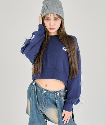 【ティーンズライン】袖 ライン リボン オーバー スウェット トップス (M、Lサイズ展開) 913-7593