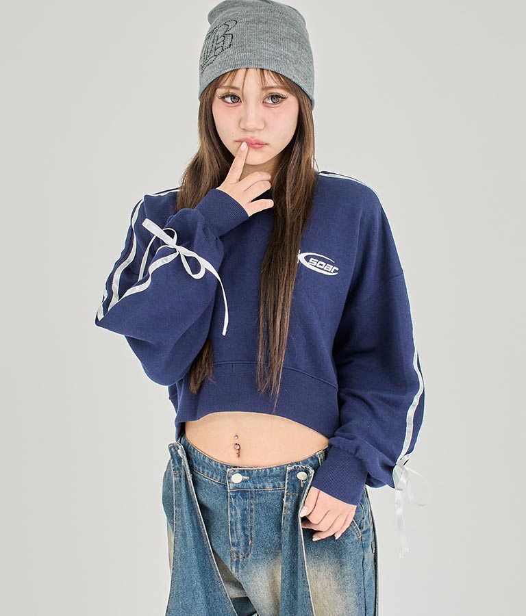 【ティーンズライン】袖 ライン リボン オーバー スウェット トップス (M、Lサイズ展開) 913-7593