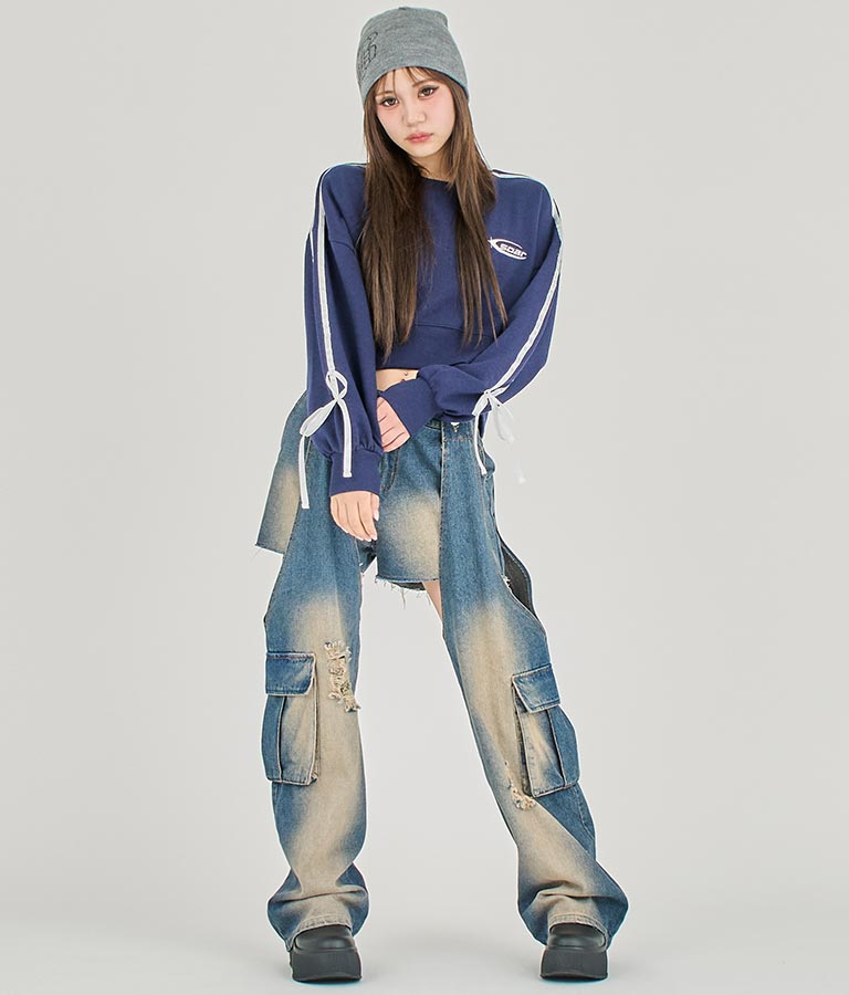 【ティーンズライン】袖 ライン リボン オーバー スウェット トップス (M、Lサイズ展開) 913-7593