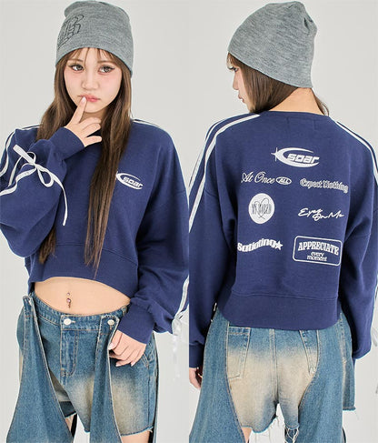 【ティーンズライン】袖 ライン リボン オーバー スウェット トップス (M、Lサイズ展開) 913-7593