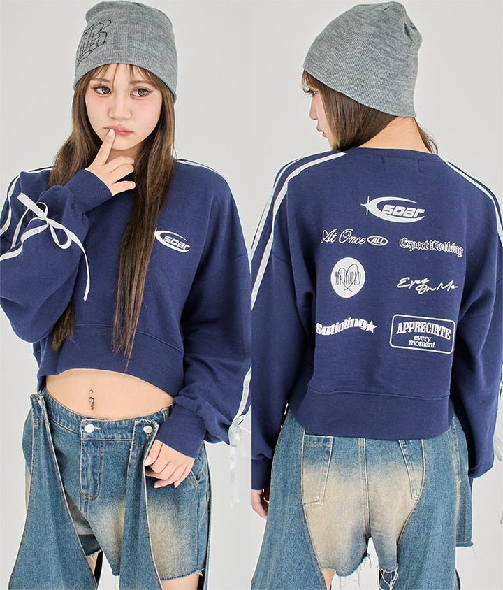 【ティーンズライン】袖 ライン リボン オーバー スウェット トップス (M、Lサイズ展開) 913-7593