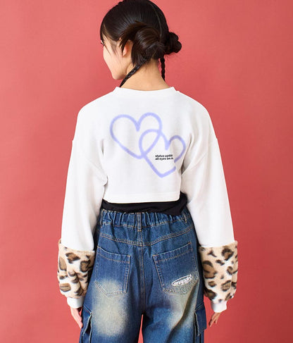 袖 レオパード ファー ショート丈 スウェット トップス