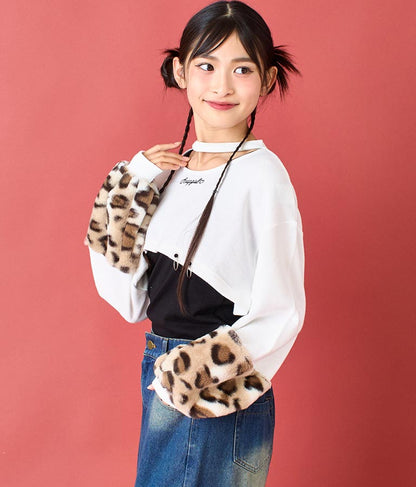 袖 レオパード ファー ショート丈 スウェット トップス 913-7579