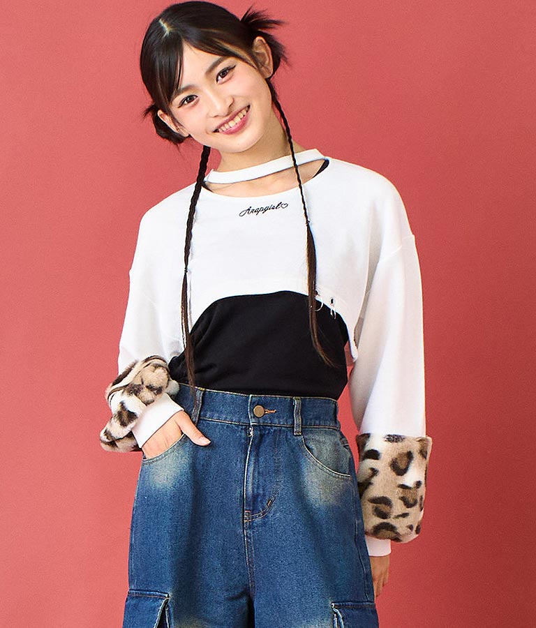 袖 レオパード ファー ショート丈 スウェット トップス 913-7579