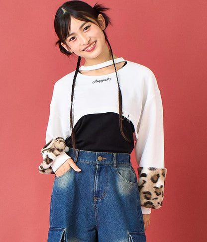 袖 レオパード ファー ショート丈 スウェット トップス 913-7579