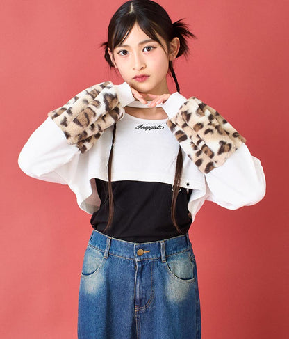 袖 レオパード ファー ショート丈 スウェット トップス 913-7579