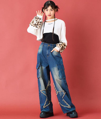 袖 レオパード ファー ショート丈 スウェット トップス 913-7579