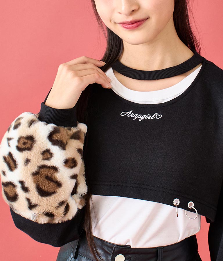 袖 レオパード ファー ショート丈 スウェット トップス 913-7579
