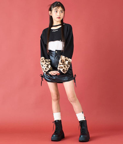 袖 レオパード ファー ショート丈 スウェット トップス 913-7579