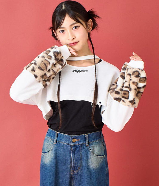 袖 レオパード ファー ショート丈 スウェット トップス 913-7579
