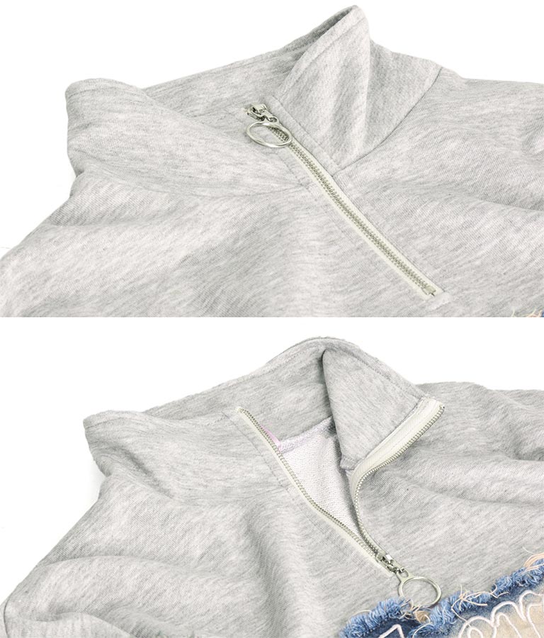 デニム 切替 ハーフジップ スウェット 裏毛 トップス