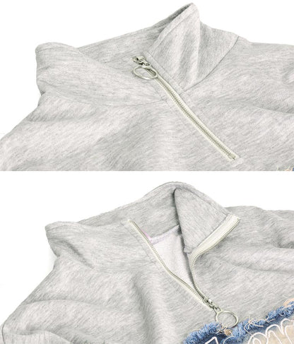 デニム 切替 ハーフジップ スウェット 裏毛 トップス