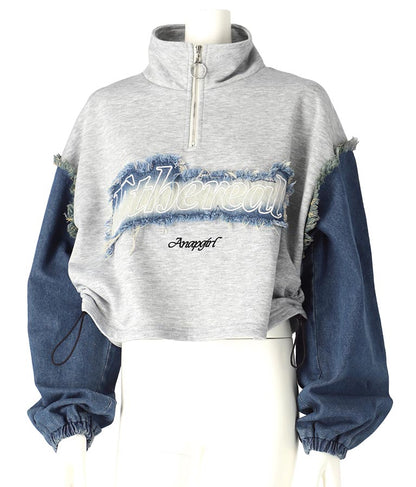 デニム 切替 ハーフジップ スウェット 裏毛 トップス 913-7604