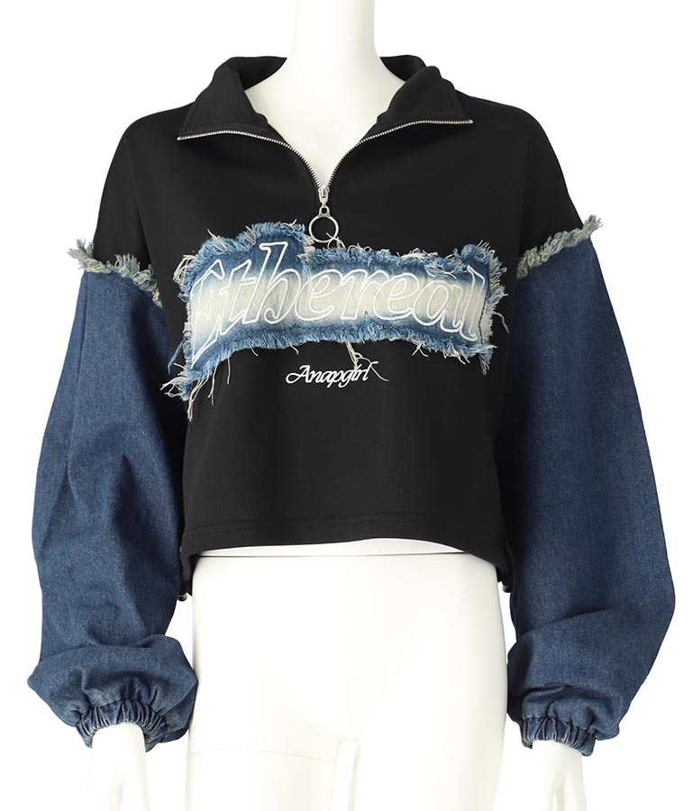 デニム 切替 ハーフジップ スウェット 裏毛 トップス 913-7604