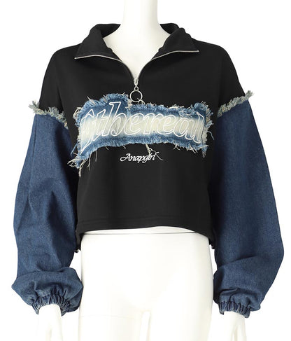 デニム 切替 ハーフジップ スウェット 裏毛 トップス 913-7604