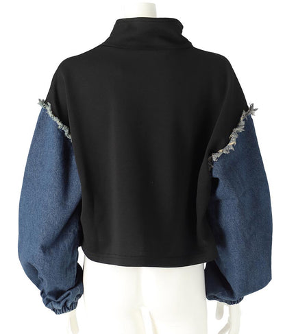 デニム 切替 ハーフジップ スウェット 裏毛 トップス 913-7604