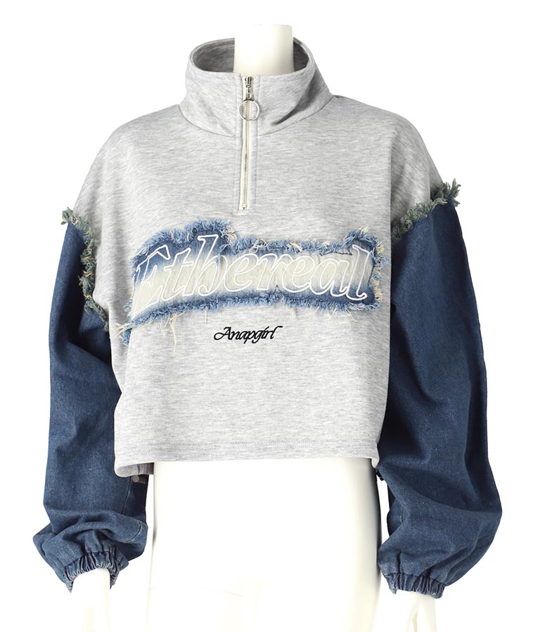 デニム 切替 ハーフジップ スウェット 裏毛 トップス 913-7604