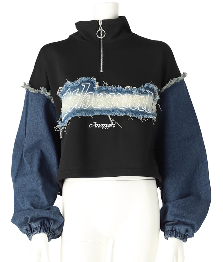 デニム 切替 ハーフジップ スウェット 裏毛 トップス 913-7604