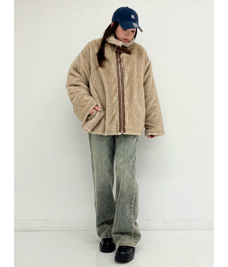 ベルト付き スタンドカラー フェイク ファー コート 795-9209