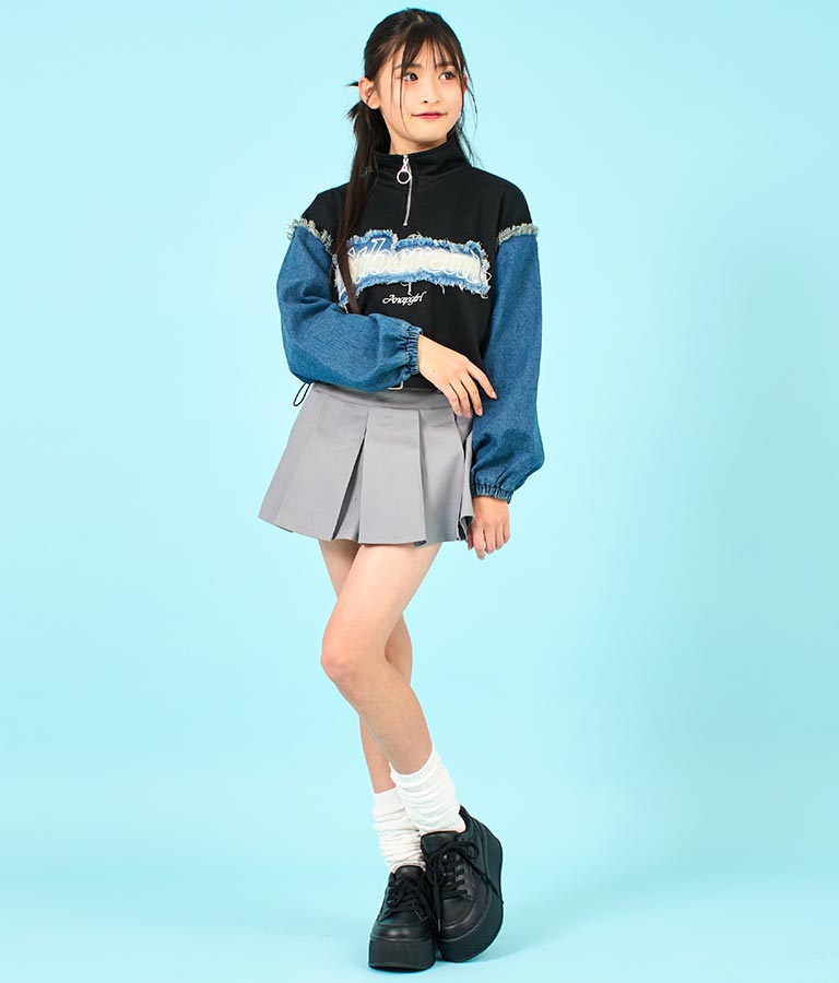 デニム 切替 ハーフジップ スウェット 裏毛 トップス 913-7604