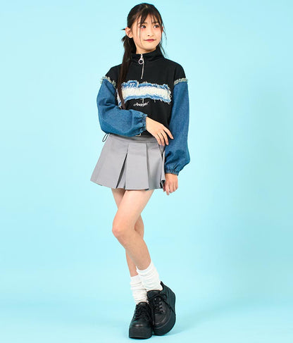 デニム 切替 ハーフジップ スウェット 裏毛 トップス 913-7604