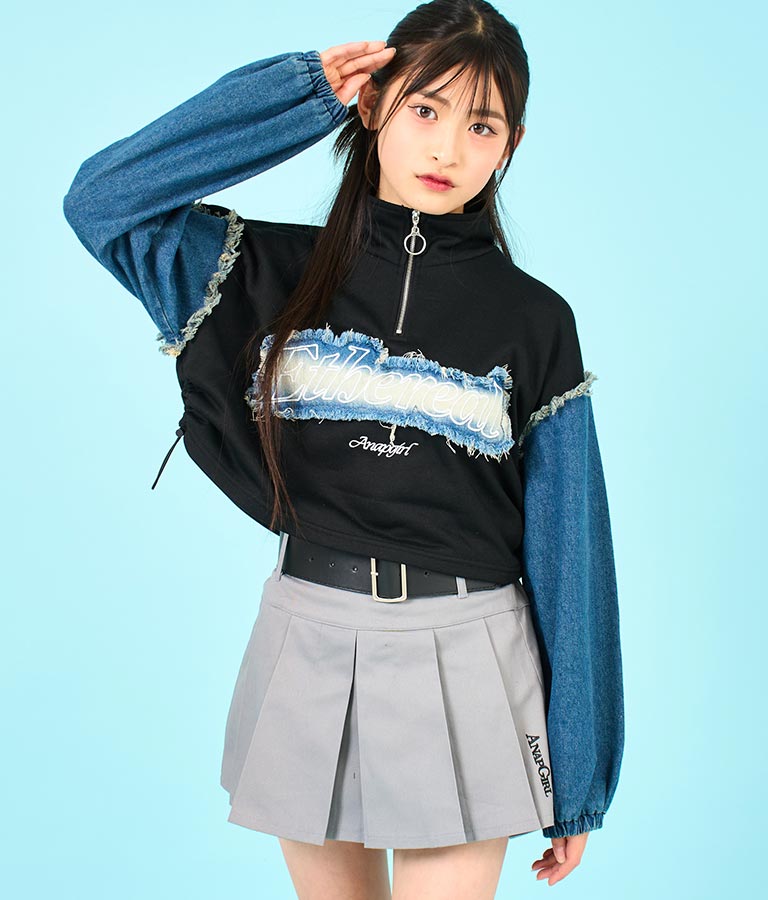 デニム 切替 ハーフジップ スウェット 裏毛 トップス 913-7604