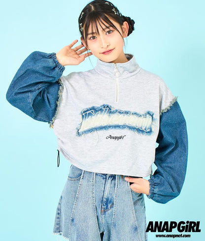 デニム 切替 ハーフジップ スウェット 裏毛 トップス 913-7604