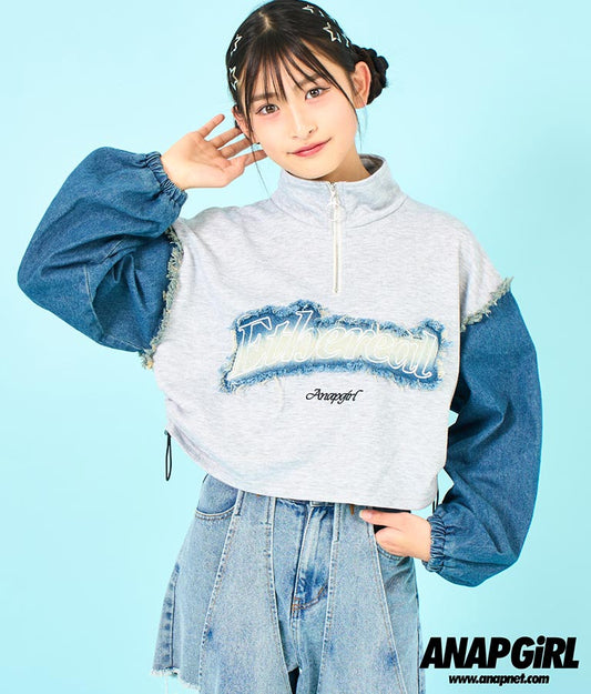 デニム 切替 ハーフジップ スウェット 裏毛 トップス 913-7604