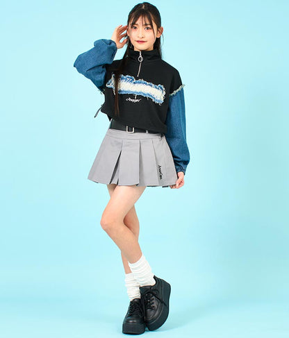 デニム 切替 ハーフジップ スウェット 裏毛 トップス 913-7604