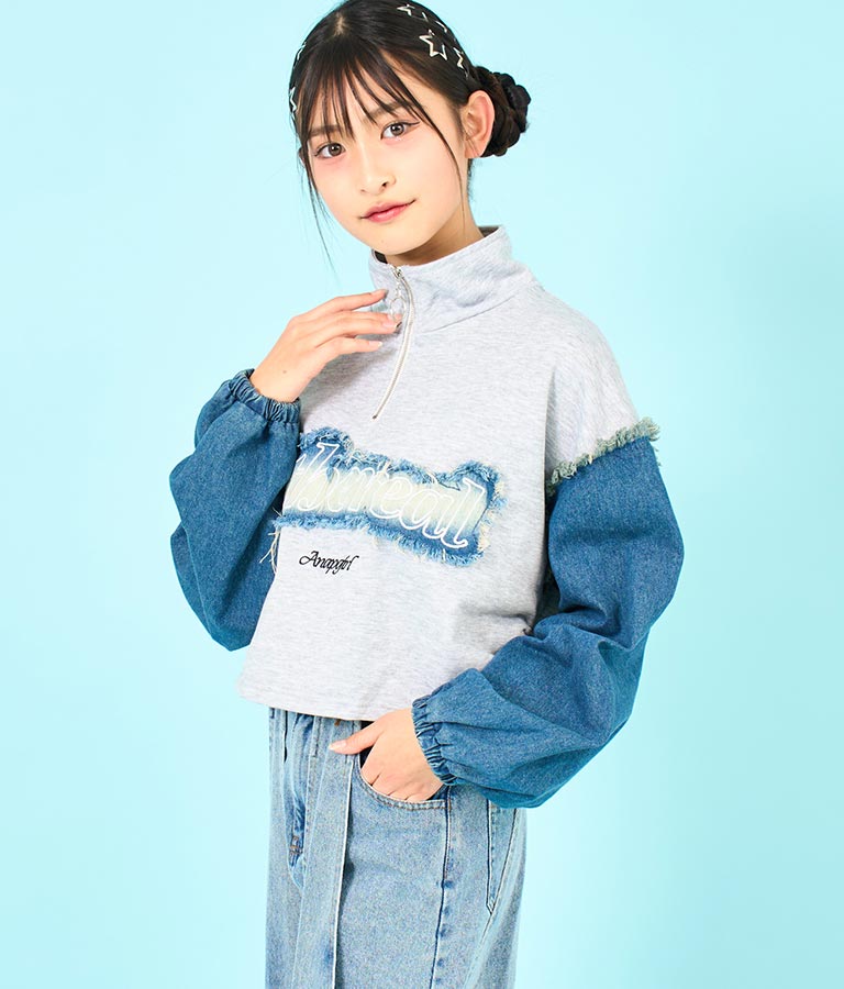 デニム 切替 ハーフジップ スウェット 裏毛 トップス 913-7604