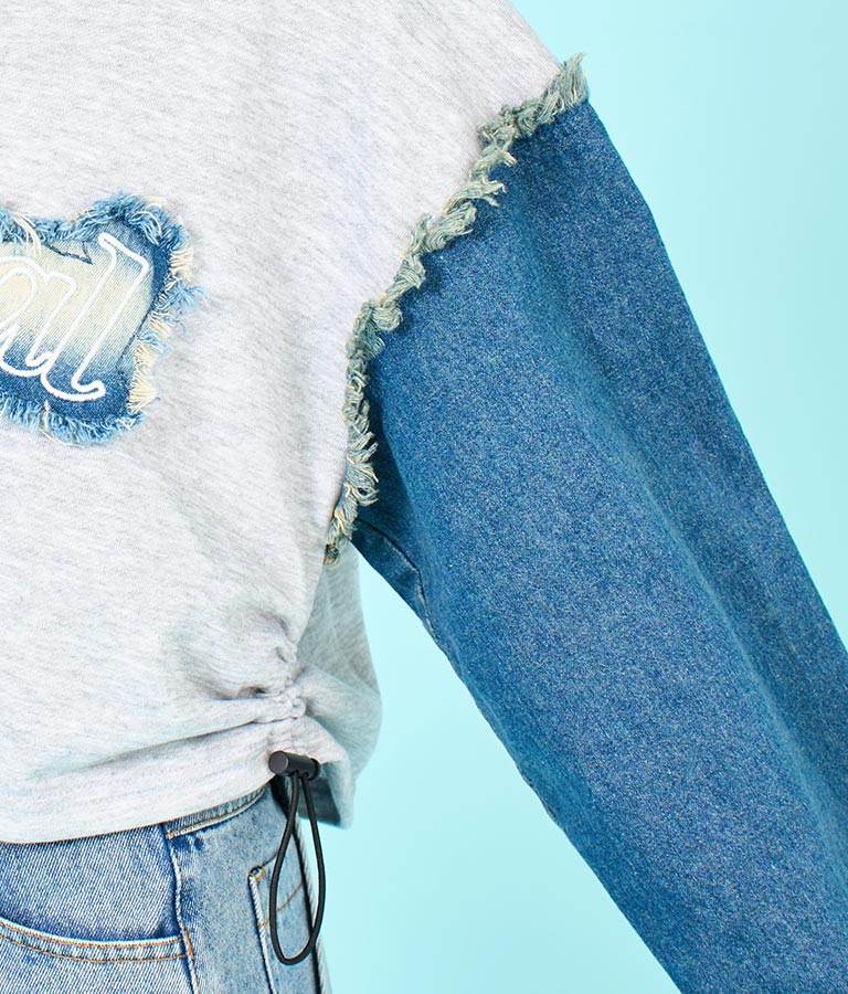 デニム 切替 ハーフジップ スウェット 裏毛 トップス 913-7604