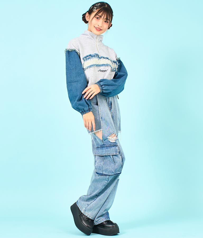 デニム 切替 ハーフジップ スウェット 裏毛 トップス 913-7604