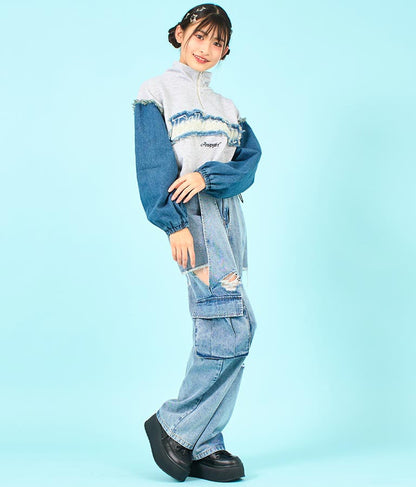 デニム 切替 ハーフジップ スウェット 裏毛 トップス 913-7604