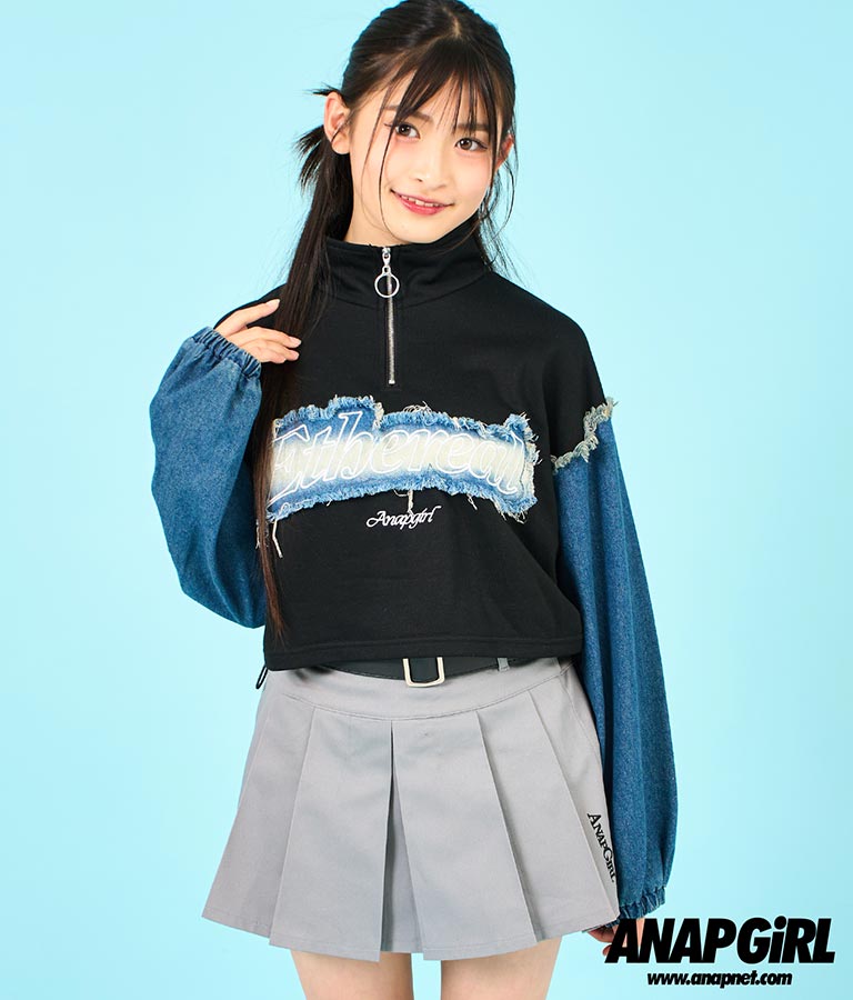 デニム 切替 ハーフジップ スウェット 裏毛 トップス 913-7604