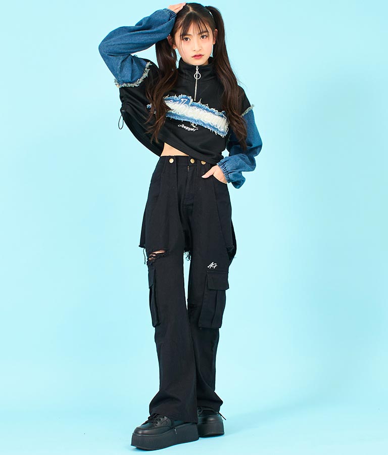 デニム 切替 ハーフジップ スウェット 裏毛 トップス 913-7604