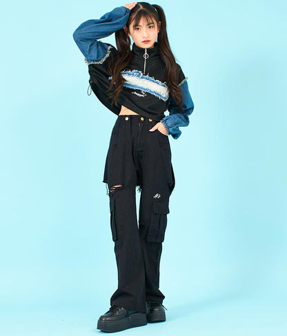 デニム 切替 ハーフジップ スウェット 裏毛 トップス 913-7604