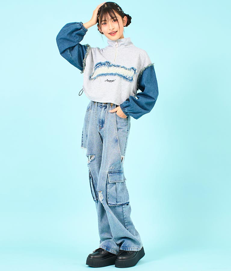 デニム 切替 ハーフジップ スウェット 裏毛 トップス 913-7604