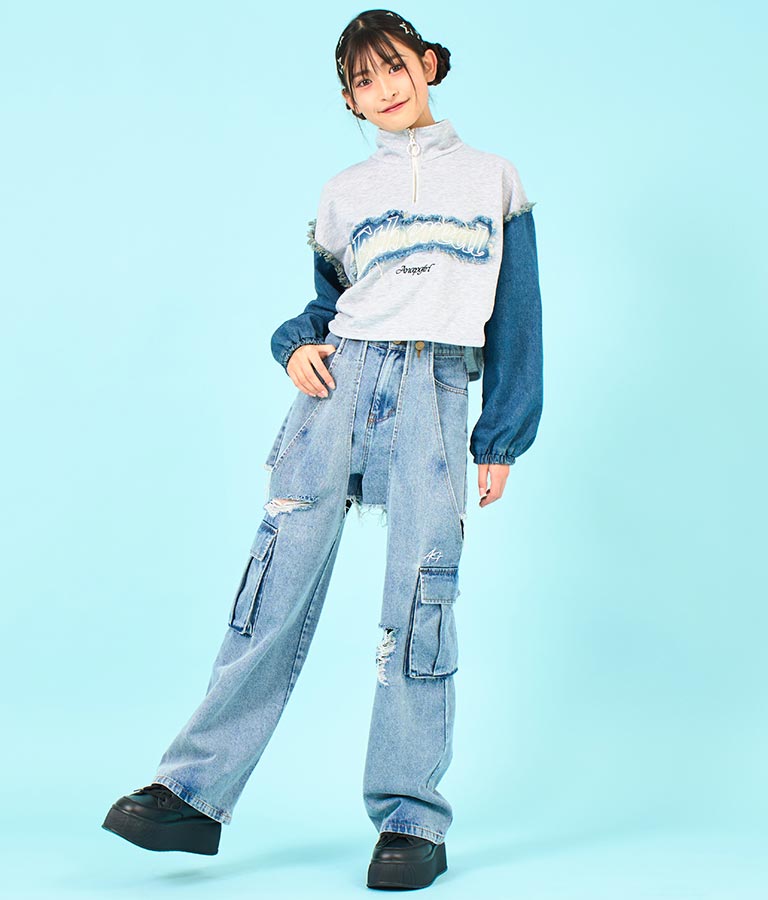 デニム 切替 ハーフジップ スウェット 裏毛 トップス 913-7604