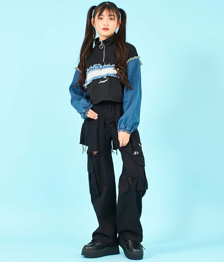 デニム 切替 ハーフジップ スウェット 裏毛 トップス 913-7604