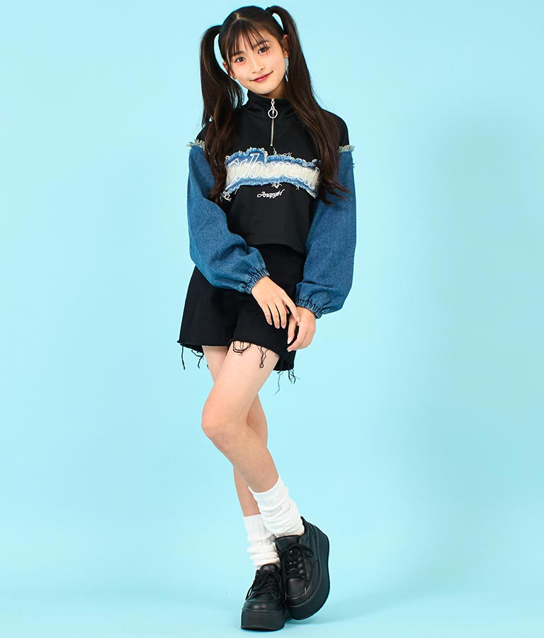 デニム 切替 ハーフジップ スウェット 裏毛 トップス 913-7604