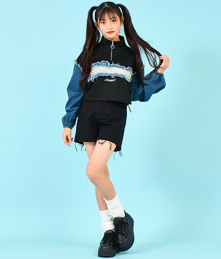 デニム 切替 ハーフジップ スウェット 裏毛 トップス 913-7604