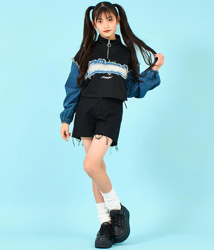 デニム 切替 ハーフジップ スウェット 裏毛 トップス 913-7604