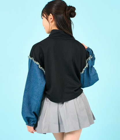 デニム 切替 ハーフジップ スウェット 裏毛 トップス 913-7604
