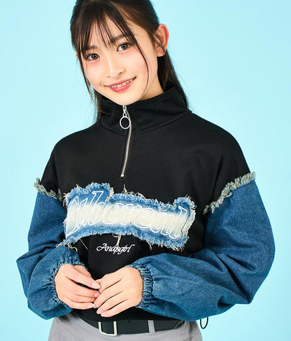 デニム 切替 ハーフジップ スウェット 裏毛 トップス 913-7604