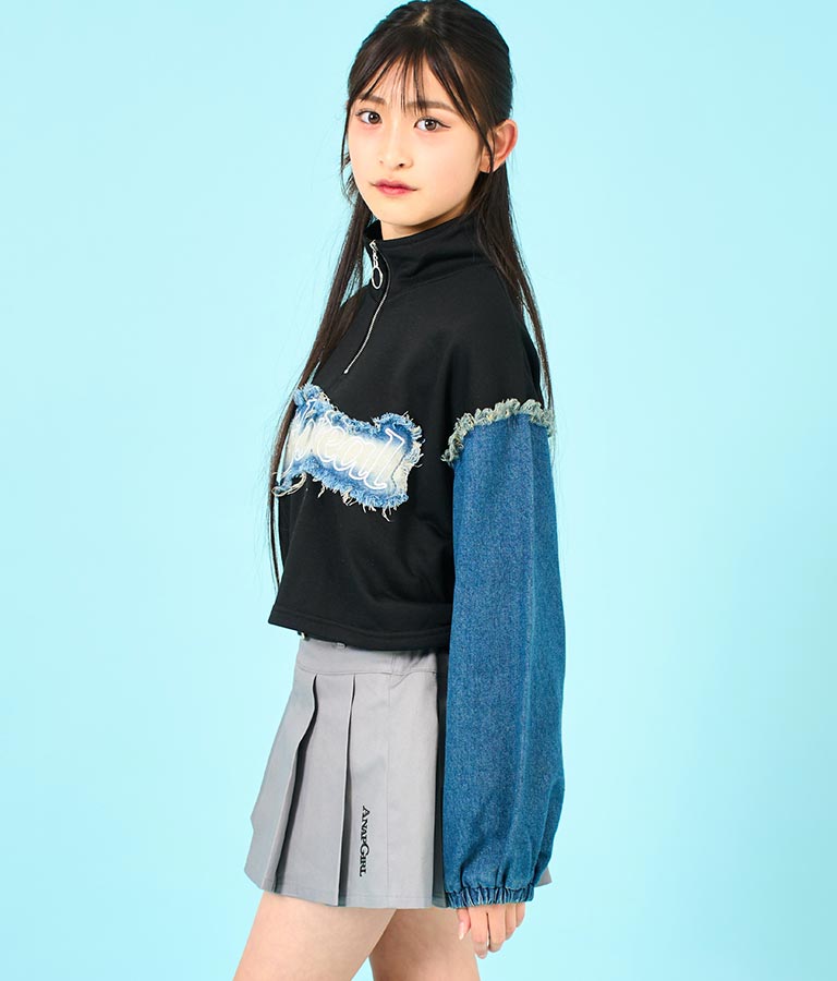 デニム 切替 ハーフジップ スウェット 裏毛 トップス 913-7604