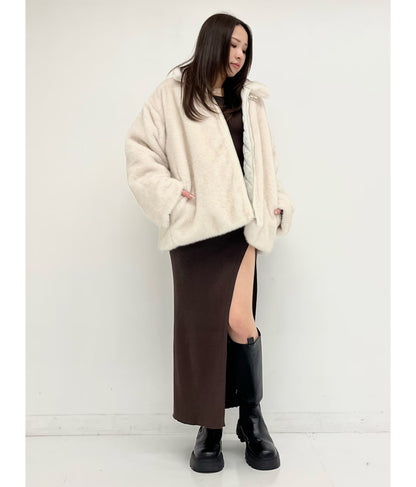 ベルト付き スタンドカラー フェイク ファー コート 795-9209