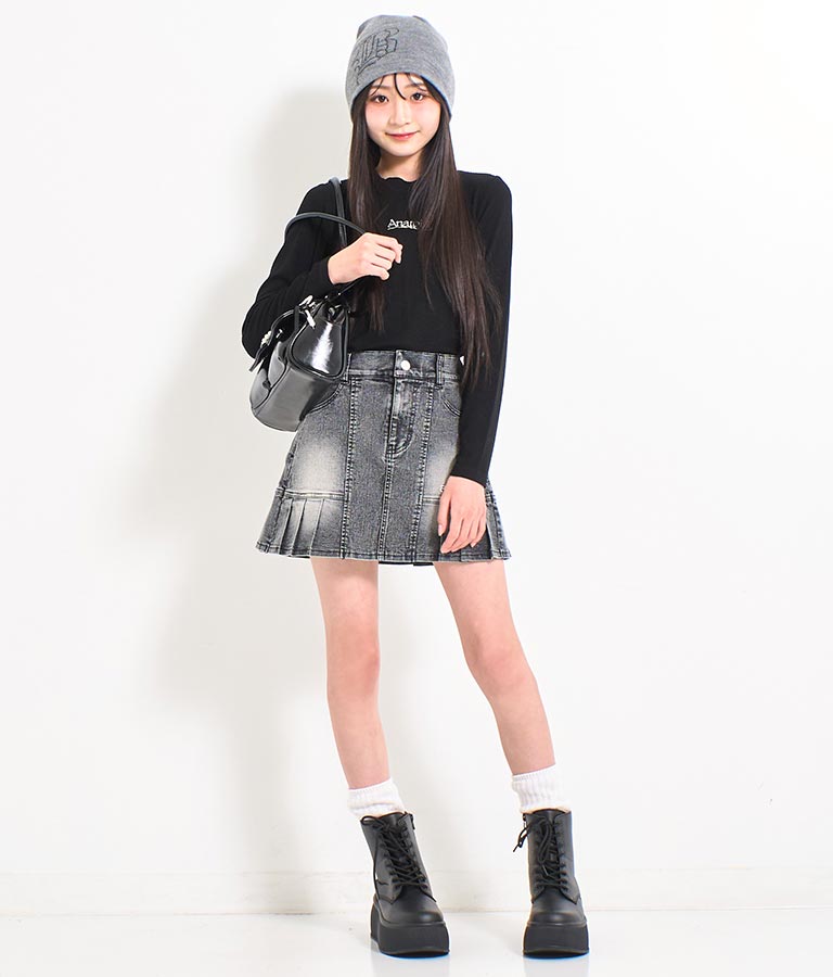 ヴィンテージ加工 ストレッチ デニム ハーフ プリーツ スカート 911-7610